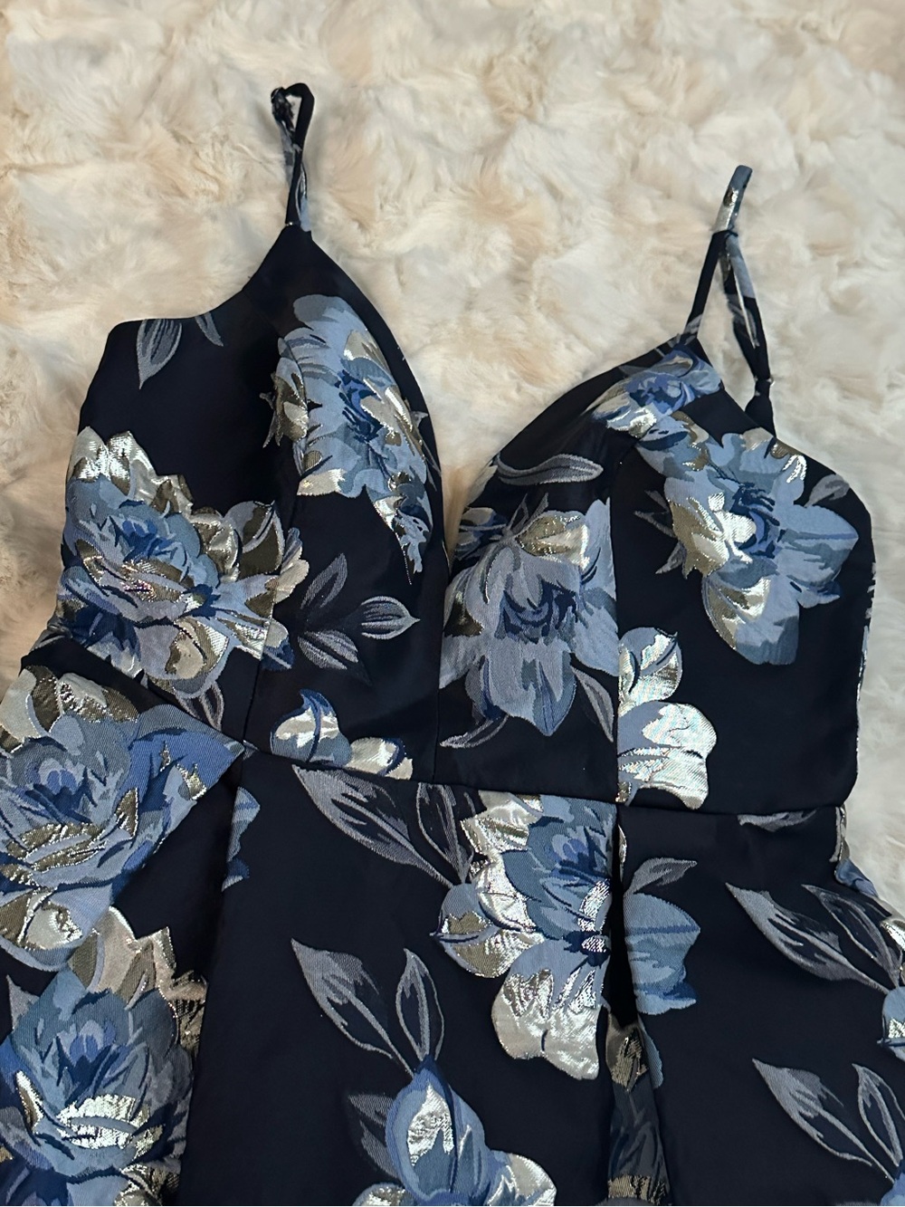 Midnight Blue Floral Fit-and-Flare Spaghetti Strap Dress in Black and Blue- NWOT - Picture 3 of 6